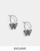 Reclaimed Vintage Inspired Unisex Huggie Hoop Earrings With Butterfly Charm In Silver