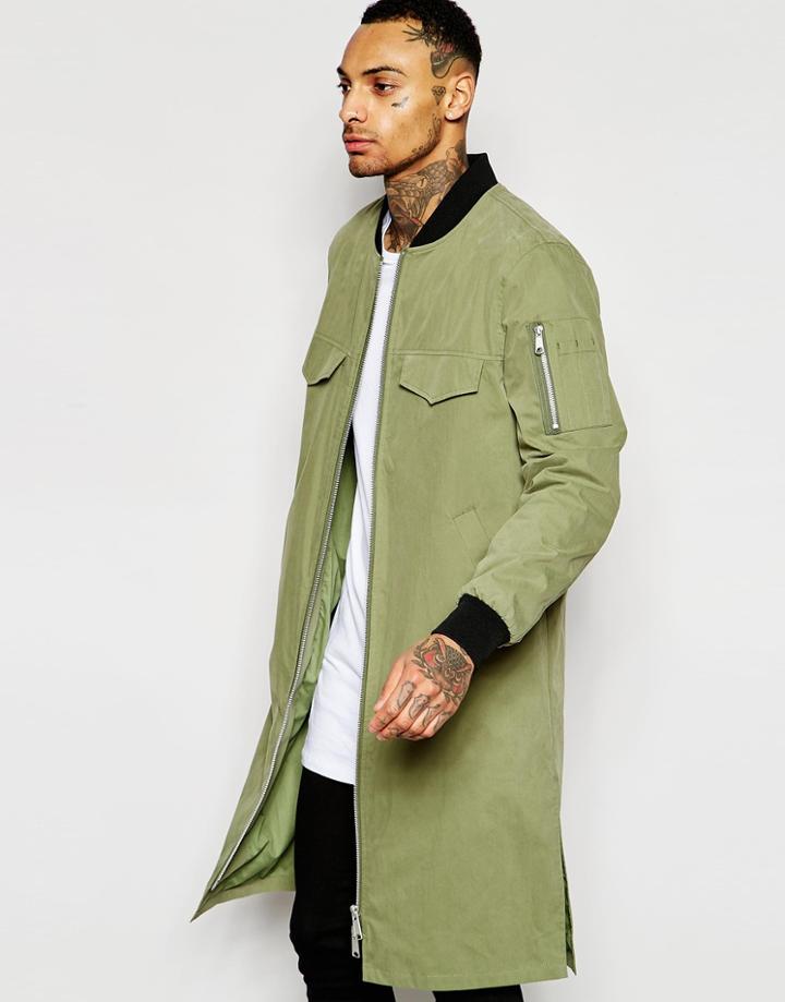 Asos Extreme Longline Bomber Jacket In Khaki - Khaki