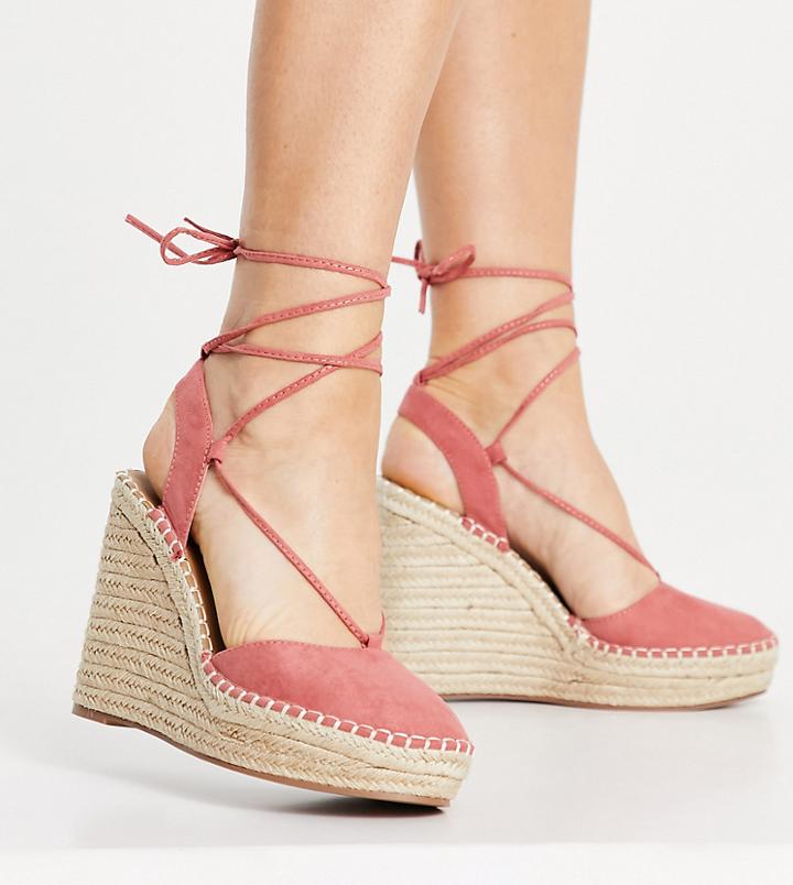 Asos Design Wide Fit Tammy Tie Leg Espadrille Wedges In Apricot-orange