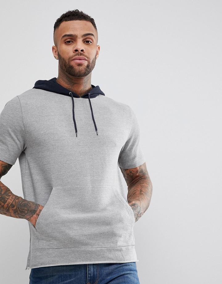 Asos Short Sleeve Hoodie With Contrast Hood - Gray