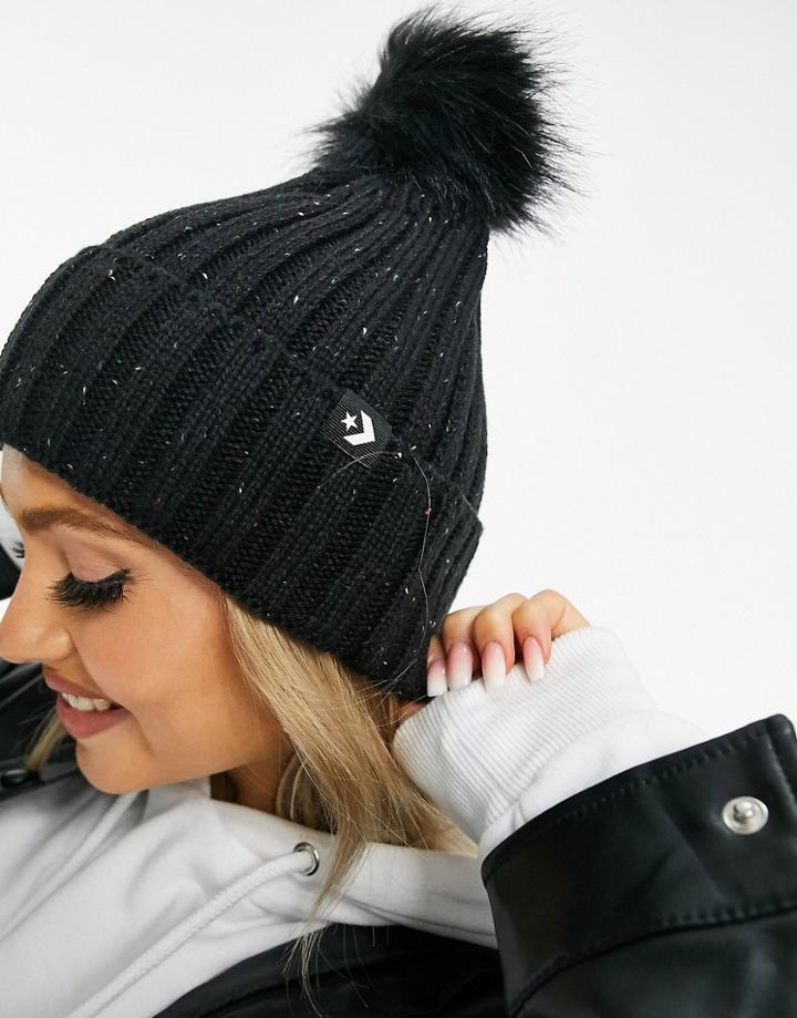 Converse Beanie With Faux Fur Pom Pom In Black