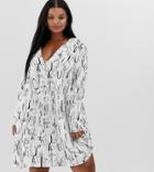 Asos Design Curve Smock Mini Dress With Button Through In Abstract Print - Multi
