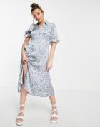 Qed London Floral Print Midi Dress In Blue-blues