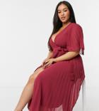 Asos Design Curve Exclusive Pleated Midi Dress With Kimono Sleeve And Tie Waist-red