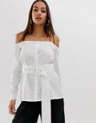 Prettylittlething Off The Shoulder Shirt With Belt In White - White