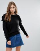 Brave Soul Frill Shoulder Sweater - Black
