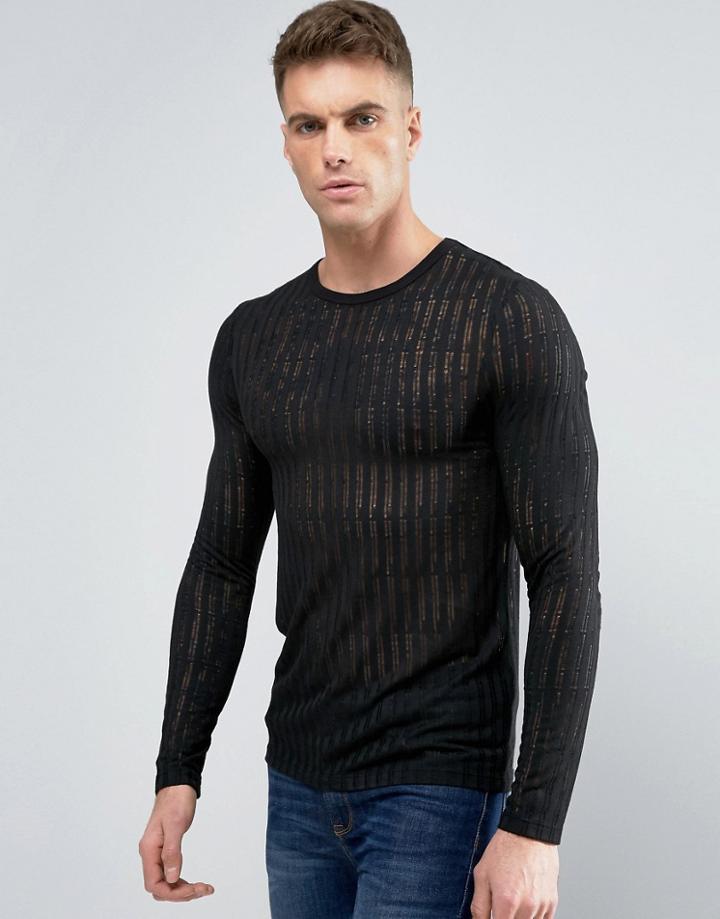 Asos Muscle Long Sleeve T-shirt With Sheer Stripe - Black