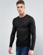 Asos Muscle Long Sleeve T-shirt With Sheer Stripe - Black