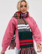 Asos Design Bright Monogram Long Scarf With Tassels-multi