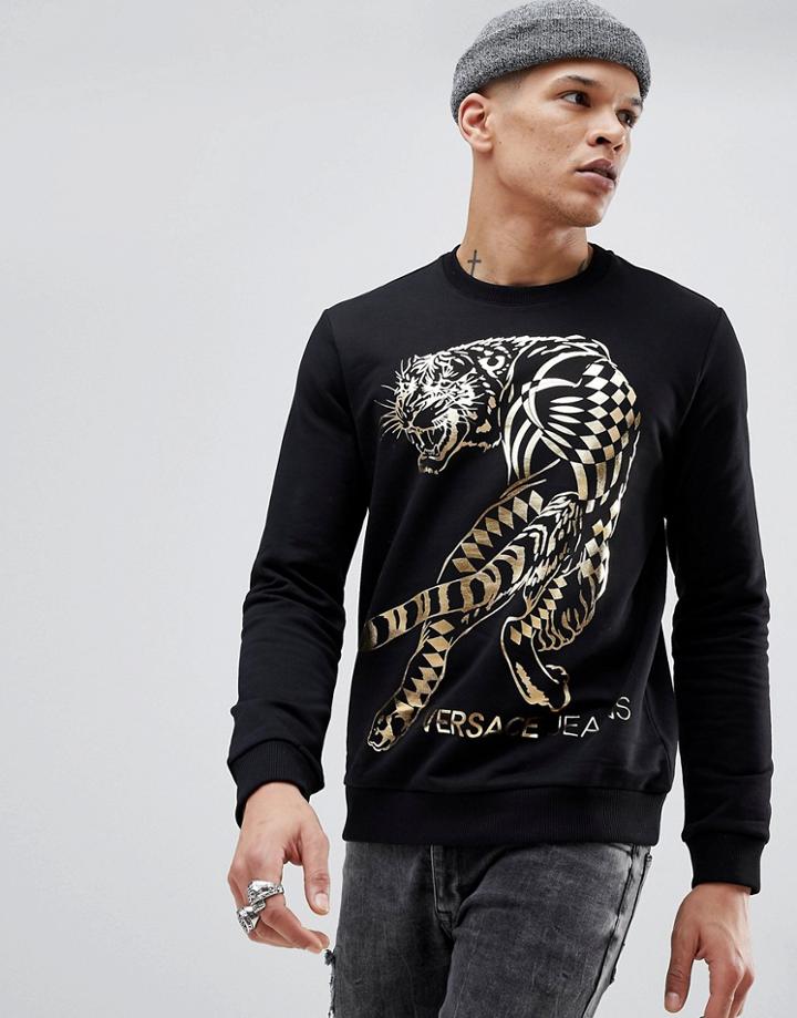 Versace Jeans Sweatshirt In Black With Gold Tiger - Black