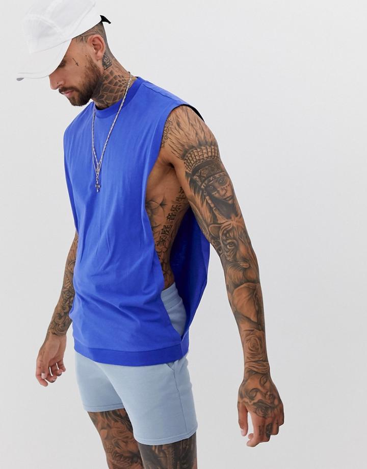 Asos Design Relaxed Tank With Dropped Armhole And Side Split In Blue - Blue