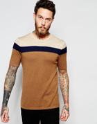 Asos Merino Wool Mix Knitted T-shirt With Color Block - Camel