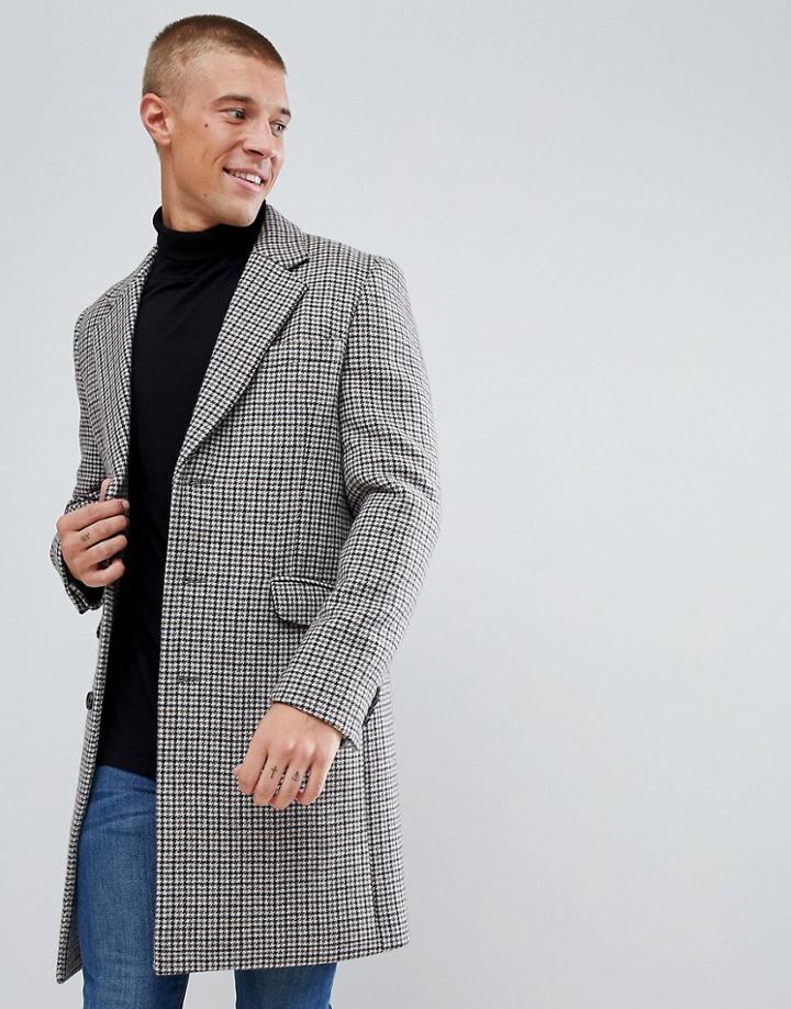Asos Wool Mix Overcoat In Puppytooth Check - Brown