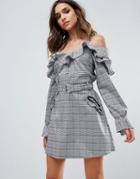 Missguided Check Frill Cold Shoulder Dress - Gray