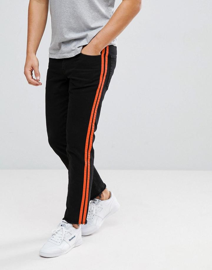 Asos Stretch Slim Ankle Grazer Jeans In Black With Retro Side Stripe - Black
