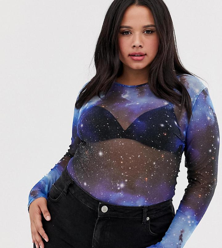 Daisy Street Plus Mesh Top In Galaxy Print-blue