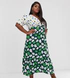 Asos Design Curve Plunge Tea Maxi Dress With Pep Hem In Mixed Print-multi