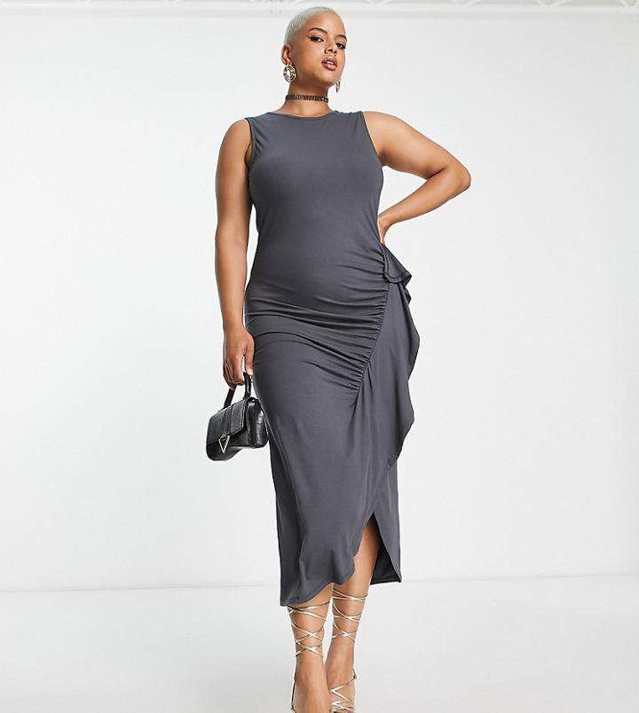 Asos Design Curve Sleeveless Frill Detail Maxi Dress In Charcoal-gray