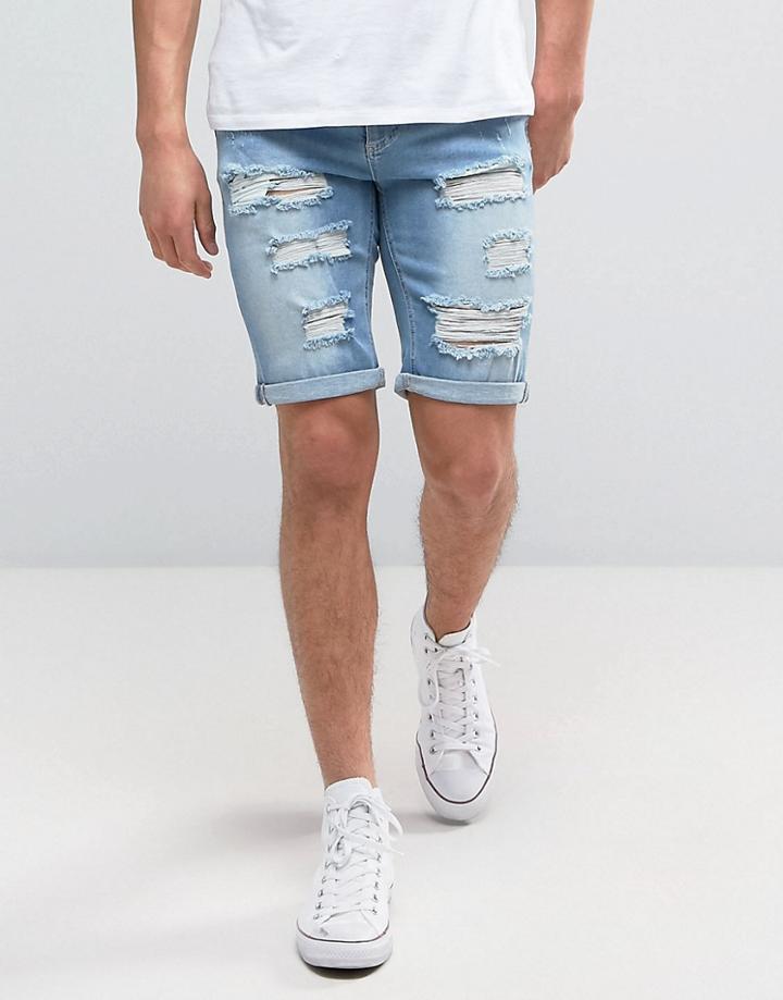 11 Degrees Super Skinny Shorts With Distressing - Blue