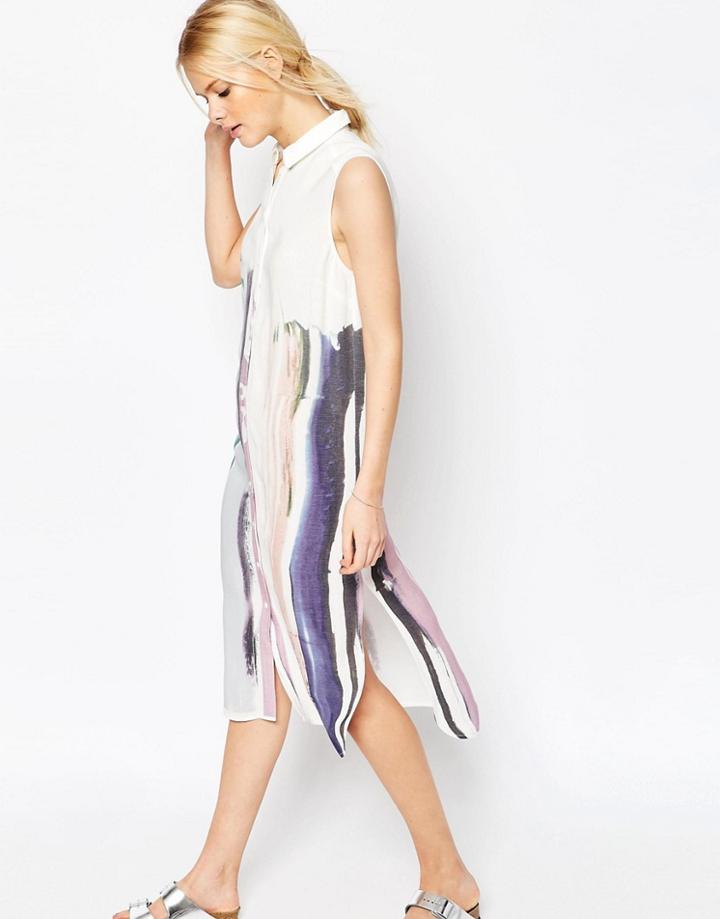 Asos City Midi Shirt Dress In Painted Stripe - Multi