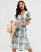 Influence Wrap Midi Dress With Tie Waist In Blue Check - Blue