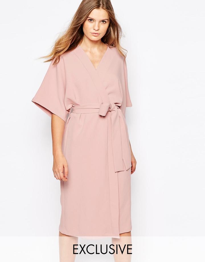 Twin Sister Kimono Midi Dress With Tie Belt - Nude Pink
