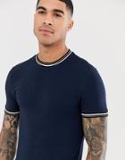 Asos Design Muscle Fit T-shirt With Tipping In Navy