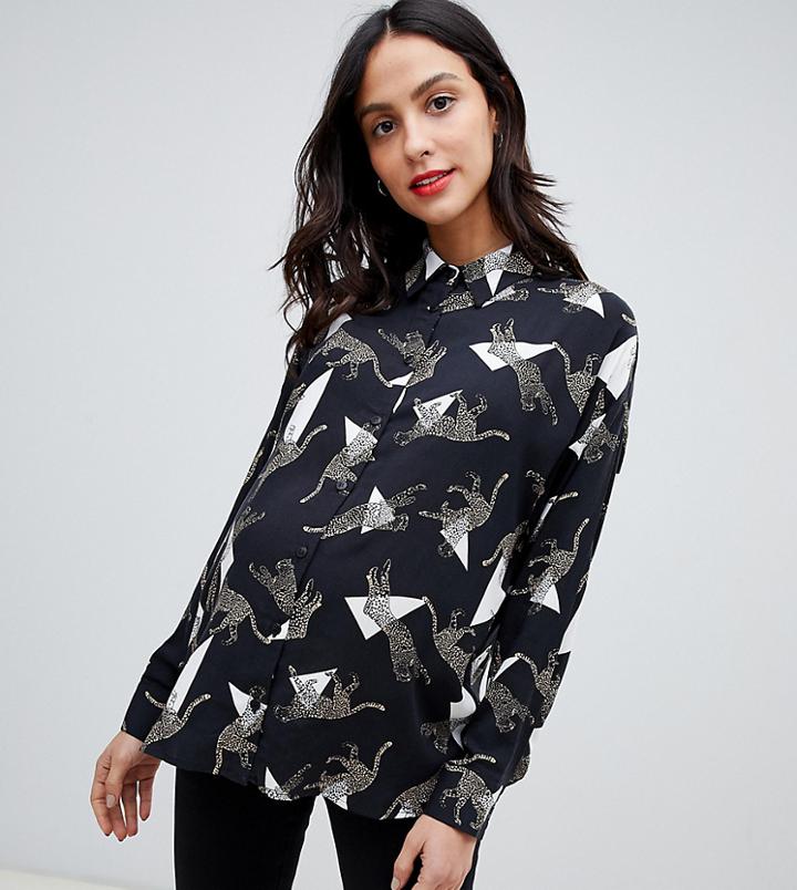 Asos Design Maternity Cropped Shirt In Geo Leopard Print - Multi
