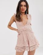 Love Triangle Plunge Front Eyelash Lace Romper With Flippy Hem In Soft Mink - Pink