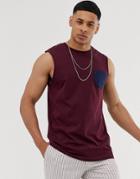 Asos Design Tank Tank With Contrast Pocket In Navy-red