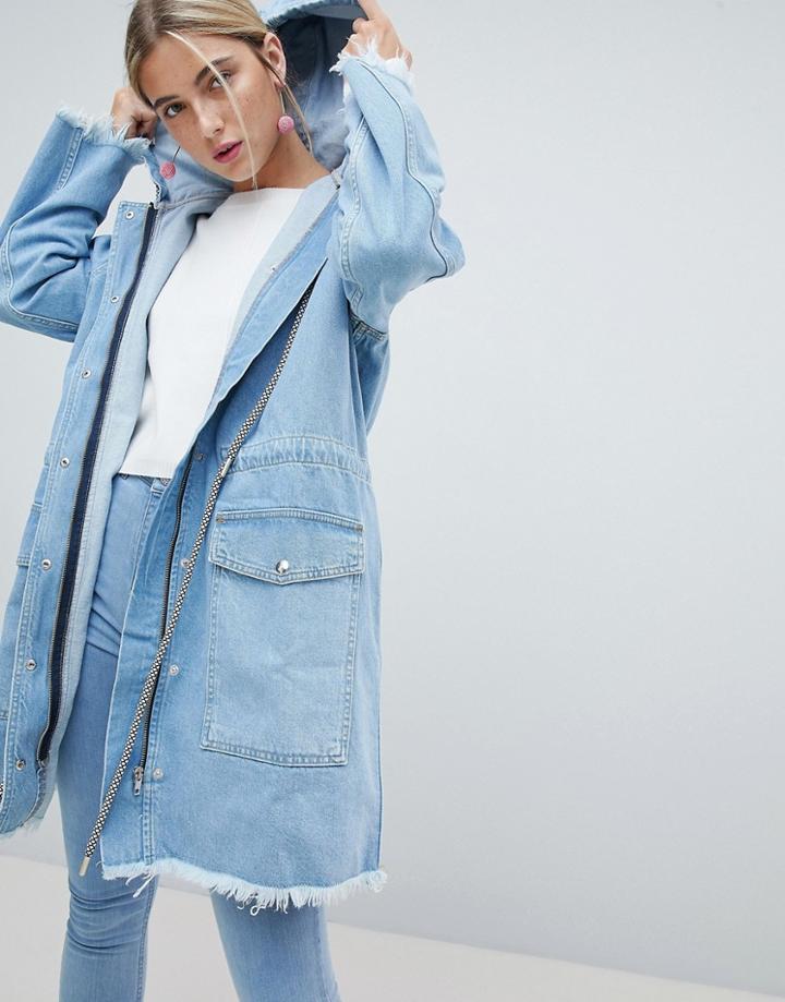 Chorus Denim Parka With Checkerboard Drawstrings-blue