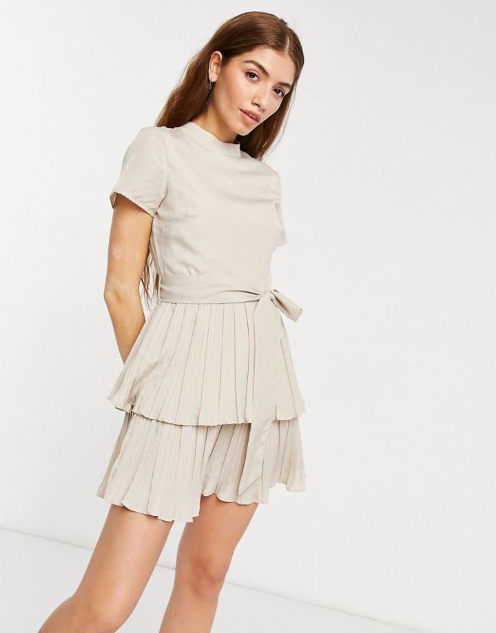 In The Style X Billie Faiers High Neck Cap Sleeve Pleated Skater Dress In Cream-white