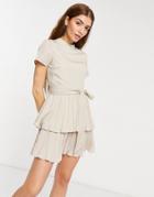 In The Style X Billie Faiers High Neck Cap Sleeve Pleated Skater Dress In Cream-white