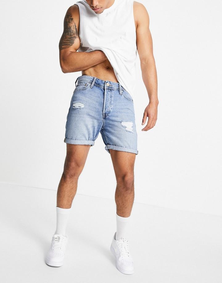 Jack & Jones Intelligence Loose Fit Denim Shorts With Rips In Light Blue-blues