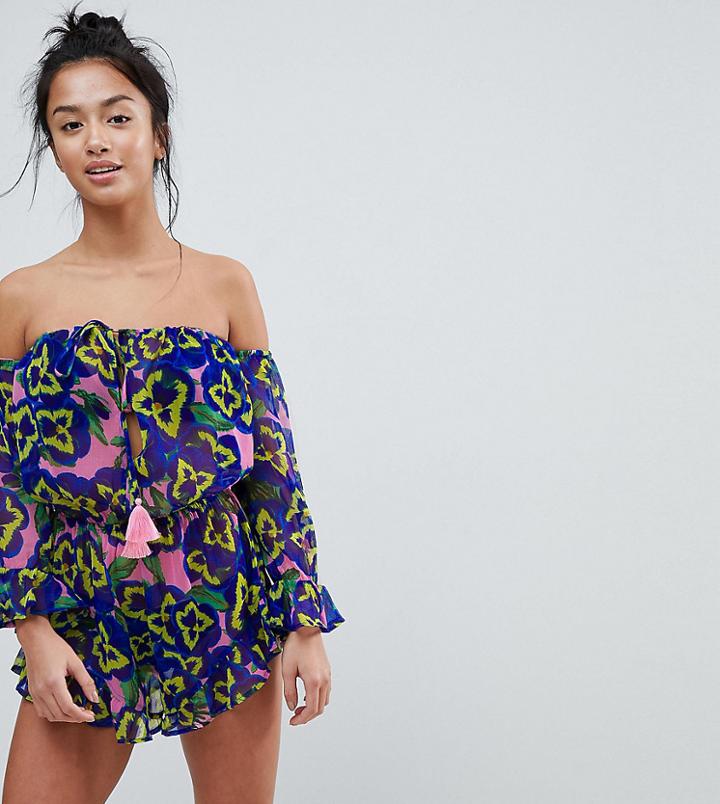 Asos Petite Pretty Pansy Print Frill Beach Romper - Multi