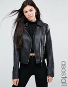Asos Tall Ultimate Leather Biker Jacket With Quilt Hem Detail - Black