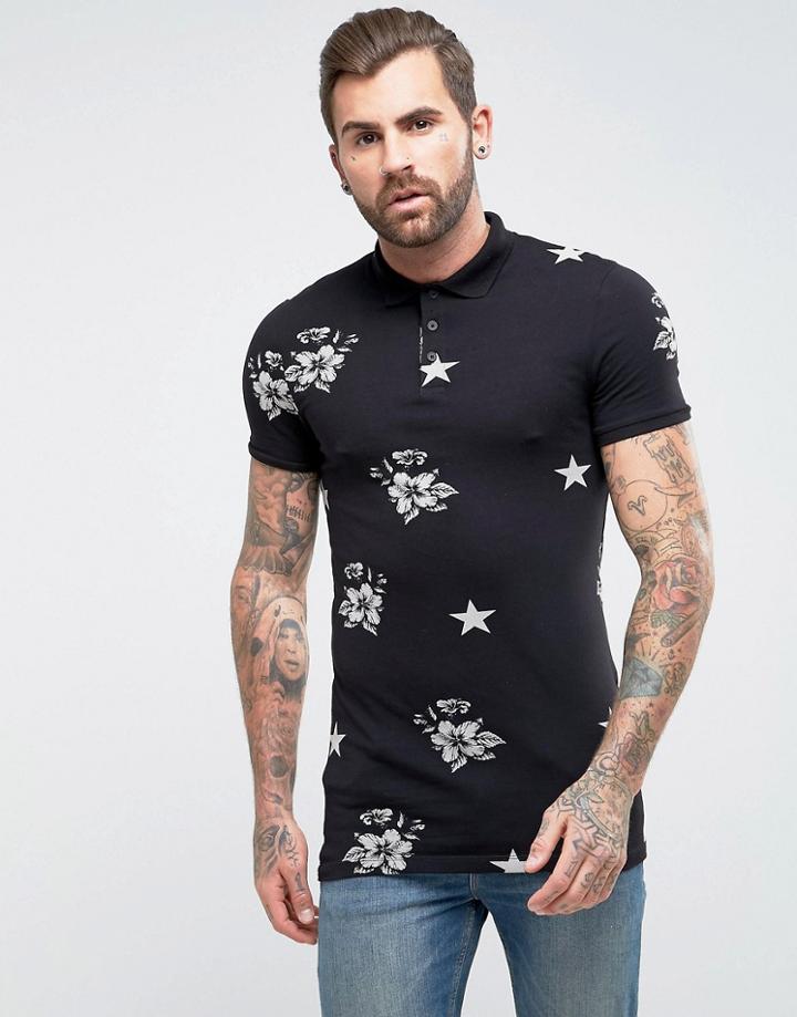 Asos Longline Extreme Muscle Polo With All Over Floral Star Print - Black