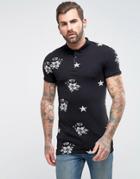 Asos Longline Extreme Muscle Polo With All Over Floral Star Print - Black