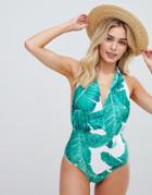 Unique21 Halterneck Swimsuit In Leaf Print-multi