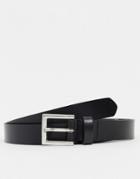 Asos Design Leather Skinny Belt In Black With Silver Buckle