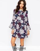 Reclaimed Vintage Dress With Bell Sleeves & Frill Bottom In Ditsy Floral Print - Blue