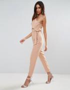 Asos One Shoulder Jumpsuit With Knot Detail - Brown