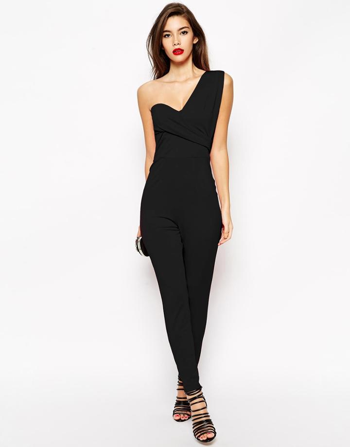 Asos One Shoulder Drape Jumpsuit - Black