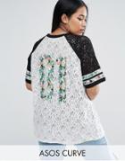 Asos Curve T-shirt In Lace With Tropical Varsity Print - Multi