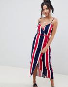 Asos Design Linen Wrap Side Maxi Dress In Bold Stripe - Multi
