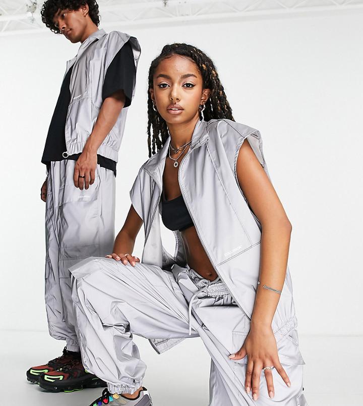 Collusion Unisex Sleeveless Track Jacket In Silver Reflective Fabric - Part Of A Set