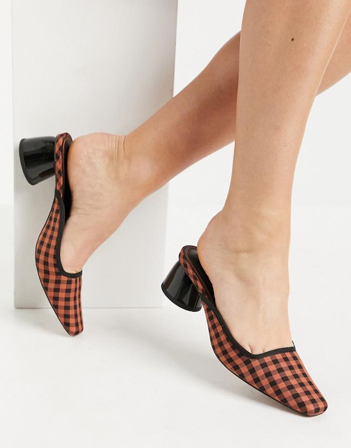 Asos Design Sweet Pea Square Toe Mid Heeled Mules In Tan Check-multi