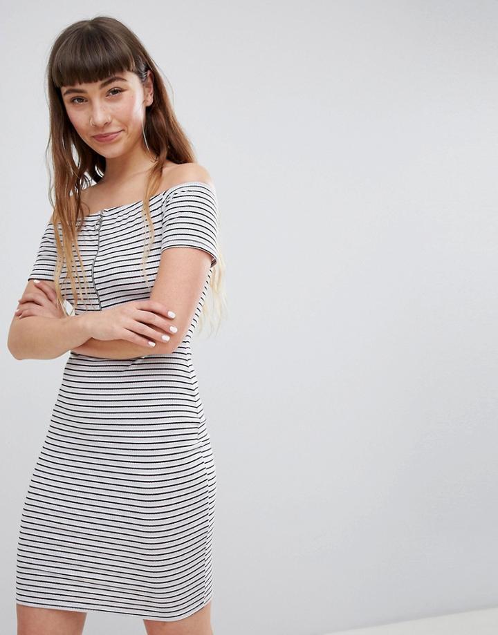 Daisy Street Off Shoulder Mini Dress With Zip In Retro Stripe - Multi