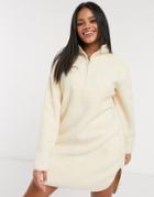 Pieces Mini Borg Dress With Half Zip In Cream-white