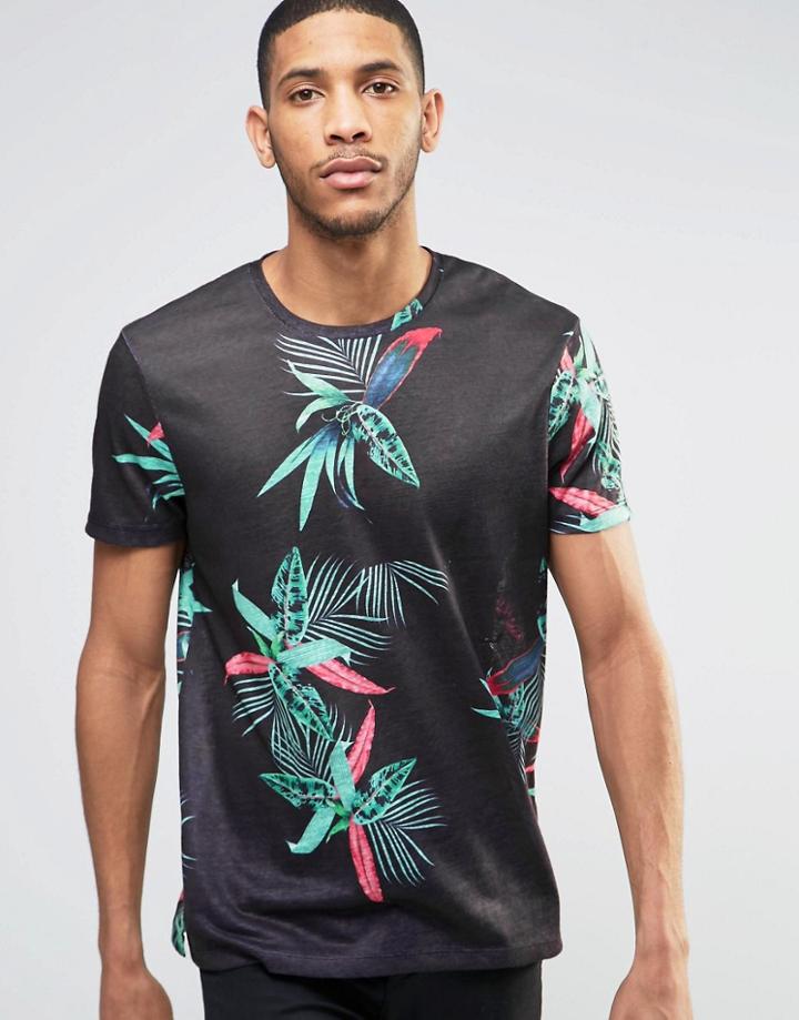 Asos T-shirt In Linen Look With Tropical Floral Print - Black